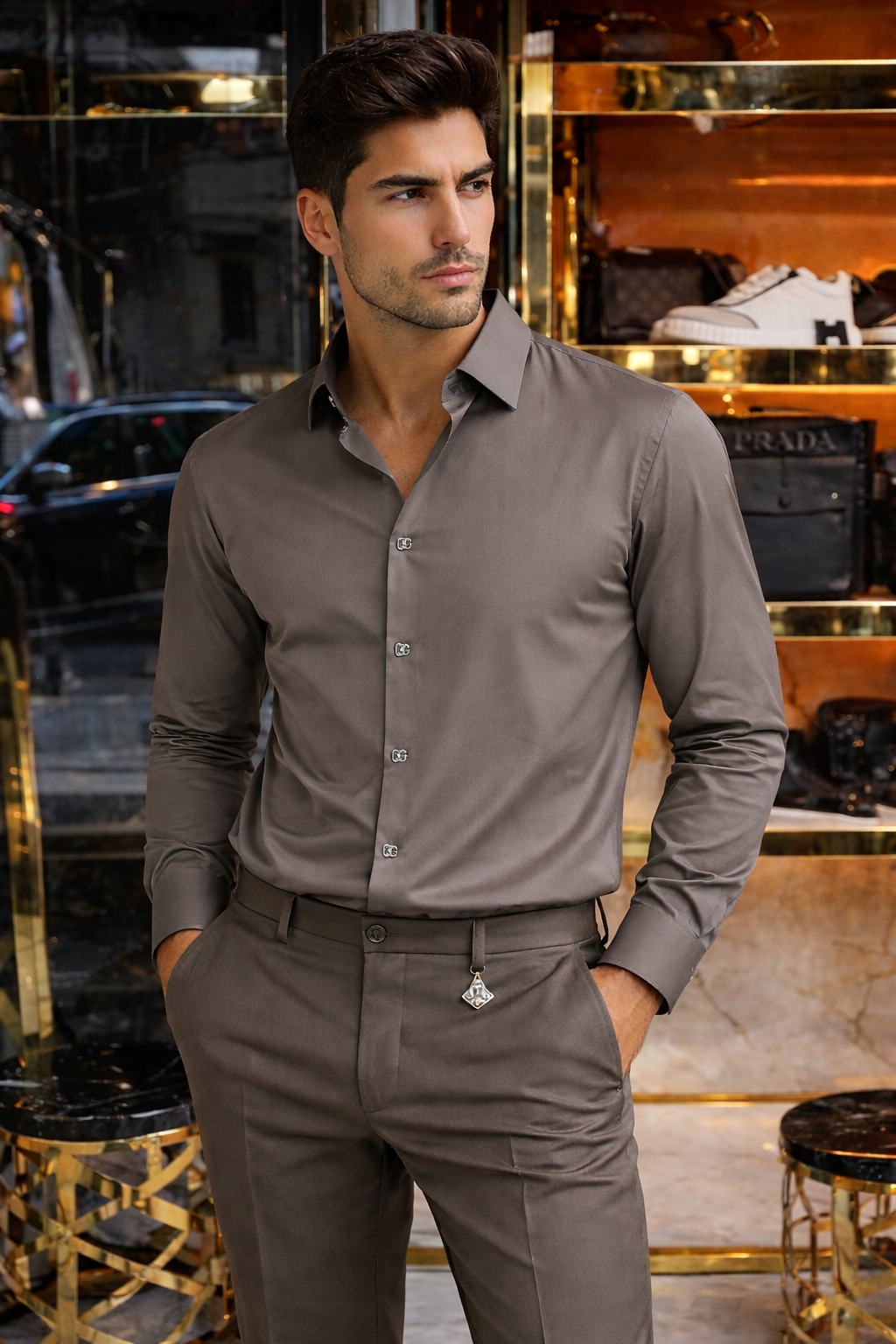 Conjunto composto por camisa Gucci + calças Prada